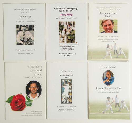 Lancashire cricketers orders of service 2011-2026. Six original orders of service for former Lancashire cricketers. Roy Tattersall, Stourbridge Crematorium 21st December 2011. Harry Pilling, St. Matthews Church, Little Lever 8th October 2012. Kenneth Higg