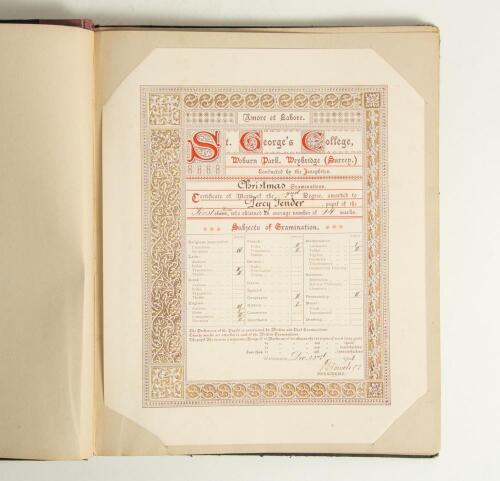 Percy George Herbert Fender. Sussex, Surrey & England 1910-1935. Large album comprising eighteen original school certificates/ reports issued to Fender in his time at St. George&rsquo;s College, Weybridge for the academic years 1902/03-1905/06. Includes nine or