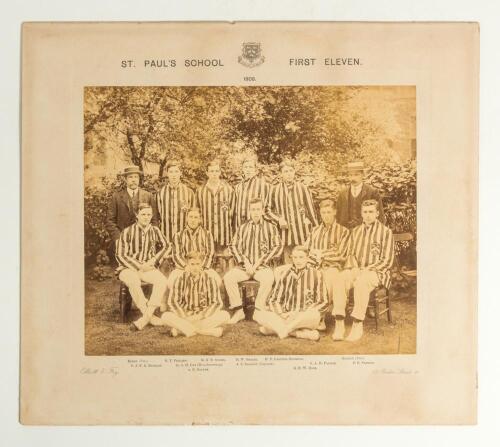 Percy George Herbert Fender. Sussex, Surrey & England 1910-1935. Five large original sepia St. Paul&rsquo;s School team photographs featuring Percy Fender. Teams are &lsquo;St. Paul&rsquo;s School First Eleven 1908&rsquo;, &lsquo;St. Paul&rsquo;s School First Eleven 1909&rsquo;, &lsquo;St. Paul&rsquo;s Schoo