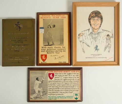 Kent C.C.C. Benefits 1950s-1980s. Box comprising a collection of benefit plaques and other Kent related prints. Benefit plaques are for Norman Graham 1977, 6.5&rdquo;x9.5&rdquo;, John Shepherd 1979 and David Nicholls 1980, both 11&rdquo;x7&rdquo;, also a framed and glazed signed
