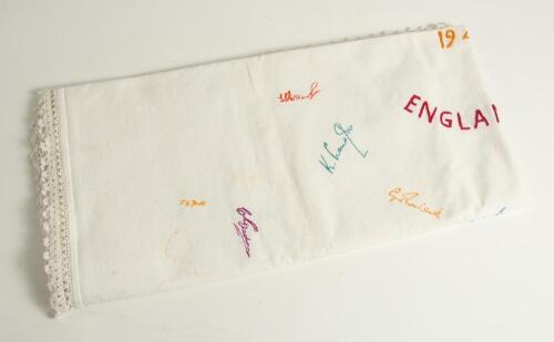 England v Australia 1948. Cotton table cloth, with decorative edging, embroidered in a variety of coloured threads, with the signatures of members of the England and Australian teams who played in the 1948 series held in England. Signatures include Yardle