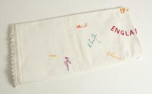 England v Australia 1948. Cotton table cloth, with decorative edging, embroidered in a variety of coloured threads, with the signatures of members of the England and Australian teams who played in the 1948 series held in England. Signatures include Yardle