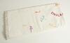 England v Australia 1948. Cotton table cloth, with decorative edging, embroidered in a variety of coloured threads, with the signatures of members of the England and Australian teams who played in the 1948 series held in England. Signatures include Yardle