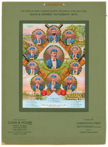 The Australian Eleven 1884&rsquo;. Gunn & Moore calendar/ advertising show card c1920s. Excellent original colour advertising card/board featuring a colour lithograph laid to the card with vignettes of the captain W.L. Murdoch, surrounded by slightly smaller vi