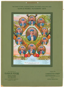 The Australian Eleven 1884&rsquo;. Gunn & Moore calendar/ advertising show card c1920s. Excellent original colour advertising card/board featuring a colour lithograph laid to the card with vignettes of the captain W.L. Murdoch, surrounded by slightly smaller vi