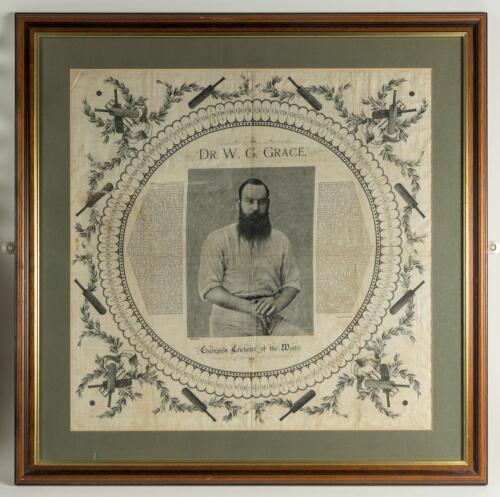 &lsquo;W.G. Grace. Champion Cricketer of the World&rsquo;. Large cotton handkerchief commemorating a Century of Centuries by Grace. The handkerchief has a central portrait of Grace three quarter length in cricket attire holding a cricket bat, with biography and recor