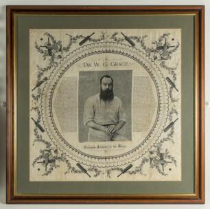 &lsquo;W.G. Grace. Champion Cricketer of the World&rsquo;. Large cotton handkerchief commemorating a Century of Centuries by Grace. The handkerchief has a central portrait of Grace three quarter length in cricket attire holding a cricket bat, with biography and recor