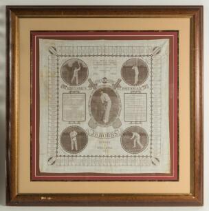 &lsquo;England&rsquo;s Champion Batsman. J.B. Hobbs. Surrey & England XI&rsquo; 1922. Large linen handkerchief printed in black with printed headings and five images of Hobbs in various batting poses plus total runs and average in first class cricket up to 1922. Listed to 