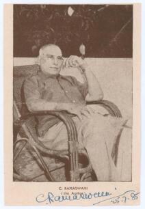 Cotah Ramaswami. India 1936. Picture of Ramaswami extracted from a book he wrote and nicely signed by him and dated July 1985. He played for India in two Tests against England in 1936 and managed post-war Indian teams. 4.25&rdquo;x6.25&rdquo;. Good condition