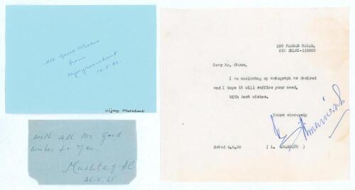 Indian Test cricketers. Excellent ink signatures of Vijay Merchant, Mustaq Ali and Lala Armanath. The Merchant and Armanath signatures date 1980 to the vendor and the Mustaq Ali dated 1945. Good condition