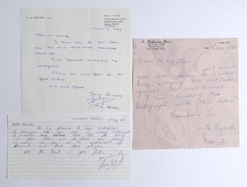 Indian Test cricketers. Three handwritten letters signed by Indian Test cricketers responding to requests for their autographs. Signatures are Thirumalai Ananthanpillai Sekar [Sekhar] (two Tests 1982/83) dated 3rd March 1983, Adwai Raghuram Bhat (two Test