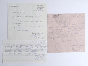 Indian Test cricketers. Three handwritten letters signed by Indian Test cricketers responding to requests for their autographs. Signatures are Thirumalai Ananthanpillai Sekar [Sekhar] (two Tests 1982/83) dated 3rd March 1983, Adwai Raghuram Bhat (two Test