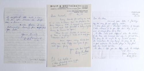 Indian Test cricketers. Three handwritten letters signed by Indian Test cricketers responding to requests for their autographs with some interesting cricket detail. Signatures are Dhiraj Devshibhai Parsana (two Tests 1978/79) dated 12th May 1981, Dilip Ra