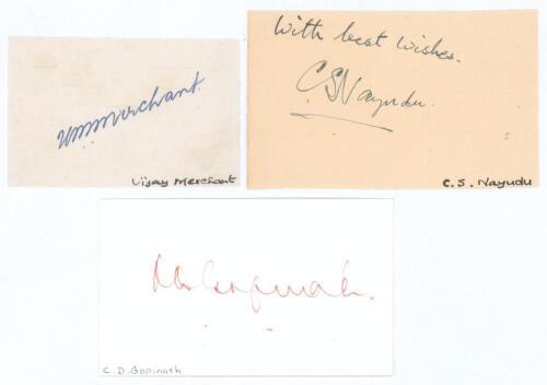 Indian Test cricketers. Three good ink signatures of Vijay Merchant, C.S. Nayudu and C.D. Gopinath on paper and card pieces. Good condition