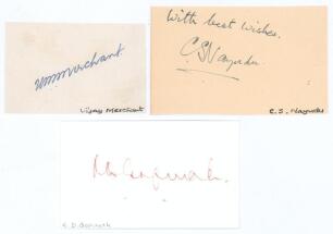 Indian Test cricketers. Three good ink signatures of Vijay Merchant, C.S. Nayudu and C.D. Gopinath on paper and card pieces. Good condition