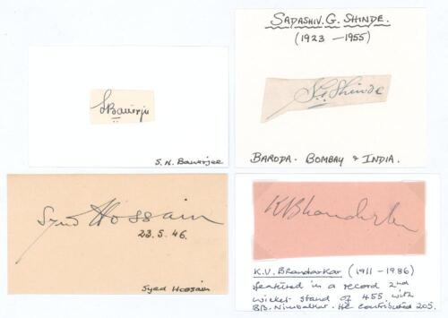 Indian cricketers. Four good ink signatures of Sarbindu Banerjee, Sadashiv Shinde, Syed Hussain and Kamal Bhandarkar on paper and card pieces, two on pieces laid down to card. Good condition