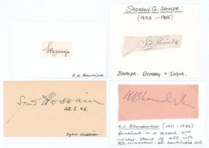 Indian cricketers. Four good ink signatures of Sarbindu Banerjee, Sadashiv Shinde, Syed Hussain and Kamal Bhandarkar on paper and card pieces, two on pieces laid down to card. Good condition