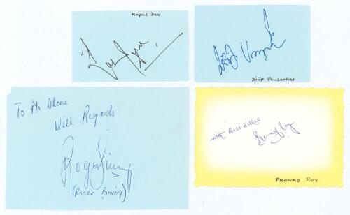 Indian Test cricketers. Four good ink signatures of Kapil Dev, Roger Binny, Pranab Roy and Dilip Vensarkar on paper pieces and cards. Good condition