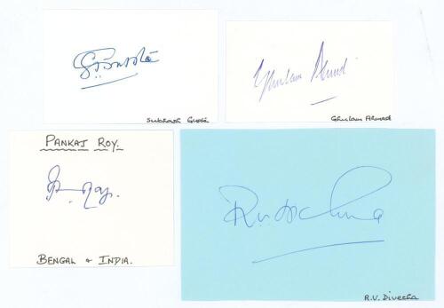Indian Test cricketers. Four good ink signatures of Subhash Gupte, Ghulam Ahmed, Pankaj Roy and Ramesh Divecha on paper and card pieces. Good condition