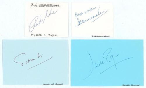 Indian Test cricketers. Four good ink signatures of Nawab of Pataudi (Jnr), S. Venkataraghavan, B. Chandrasekhar and Farokh Engineer on paper and card pieces. Good condition