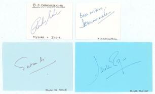 Indian Test cricketers. Four good ink signatures of Nawab of Pataudi (Jnr), S. Venkataraghavan, B. Chandrasekhar and Farokh Engineer on paper and card pieces. Good condition