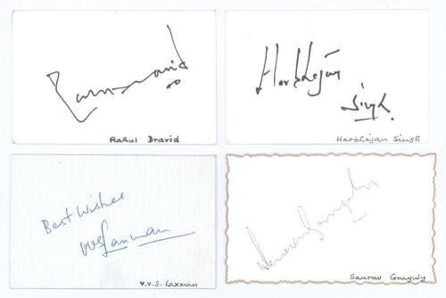Indian Test cricketers. Four good ink signatures of Rahul Dravid, Harbhajan Singh, V.V.S. Laxman and Saurav Ganguly on cards. Good condition
