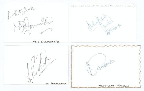 Indian Test cricketers. Four good ink signatures of Mohammad Azharuddin, Chandrakant Pandit, Manoj Prabhakar and Narendra Hirwani on cards. Good condition