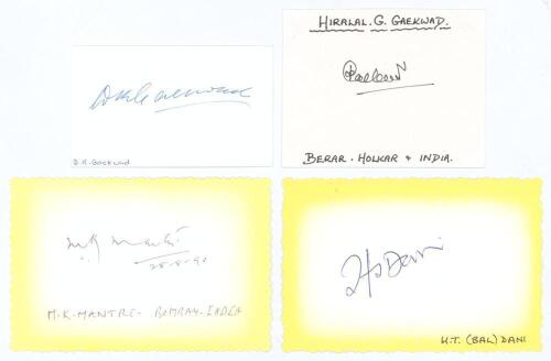 Indian Test cricketers. Four good ink signatures of Datta Gaekwad, Madhav Mantri, Hiralal Gaekwad and Hemchandra &lsquo;Bal&rsquo; Dani on paper and card pieces. Good condition