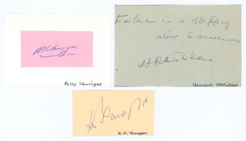 Indian Test cricketers. Three good ink signatures of Polly Umrigar, Keki Tarapore and &lsquo;Hemu&rsquo; Adhikari on paper and card pieces, one signature on piece laid down to card. Good condition