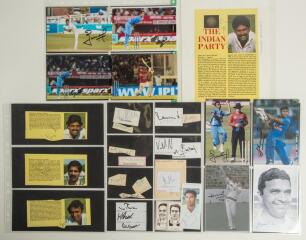 India 1940s onwards. A selection of signatures of Indian and some Pakistan cricketers on pieces, colour and mono photographs and cuttings. Thirty three signatures in total. Earlier signatures on pieces include D.K. Gaekwad, P. Roy, R.V. Divecha, C.T. Sarw