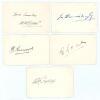 Nottinghamshire C.C.C. 1930s. Five small white cards, four of which are very nicely signed individually in ink by a Nottinghamshire player. Signatures are Walter Keeton, Joe Hardstaff Jnr., Harold Larwood, and Bill Voce. The other signature is Bill Copson