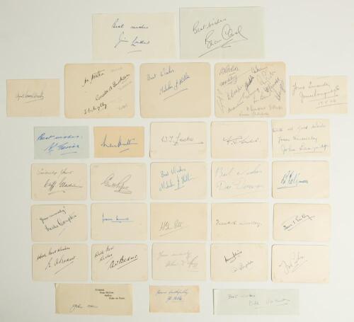 Test and County cricket autographs 1930s-1950s. A good selection of nice signatures, the majority on small white cards. Most are signed individually in ink include Harold Gimblett, Wally Luckes, F.S. Lee, Dai Davies, Cyril Washbrook, Mlcolm Hilton, Willie