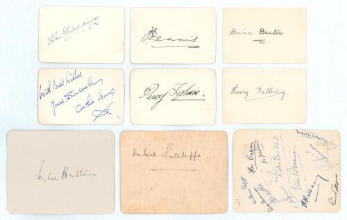 Yorkshire C.C.C. 1920s-1950s. Eight individual signatures of Yorkshire cricketers on plain white cards. Signatures are David Denton, Herbert Sutcliffe, Ken Fiddling, Frank Dennis, Arthur Wood, Percy Holmes, Harry Halliday and Len Hutton. Sold with another