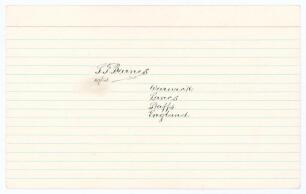Sydney Francis Barnes. Warwickshire, Lancashire & England 1894-1930. Exquisite copperplate signature in black ink of &lsquo;S.F. Barnes&rsquo; on ruled card with Barnes&rsquo; teams &lsquo;Warwick, Lancs, Staffs, England&rsquo; similarly annotated below. Good/ very good condition.