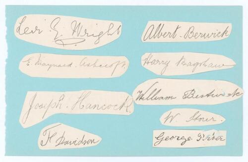 Derbyshire C.C.C. c.1900. Nine excellent signatures of Derbyshire cricketers, each individually signed in ink to piece, all lightly laid to one side of a large album page. Signatures are Levi G. Wright, E. Maynard Ashcroft, Joseph W. Hancock, Harry Bagsha