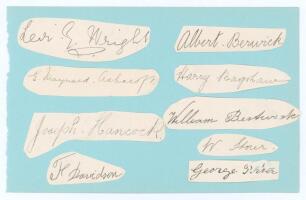 Derbyshire C.C.C. c.1900. Nine excellent signatures of Derbyshire cricketers, each individually signed in ink to piece, all lightly laid to one side of a large album page. Signatures are Levi G. Wright, E. Maynard Ashcroft, Joseph W. Hancock, Harry Bagsha
