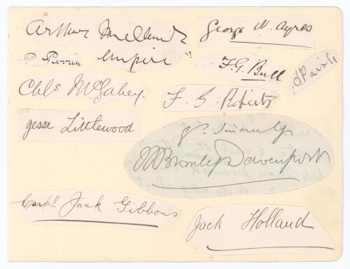Essex C.C.C. and others c.1900. Eleven excellent signatures of Essex and other cricketers, each individually signed in ink to piece, all lightly laid to one side of a large album page. Essex signatures are Percival A. &lsquo;Peter&rsquo; Perrin, Charles P. McGahey, G