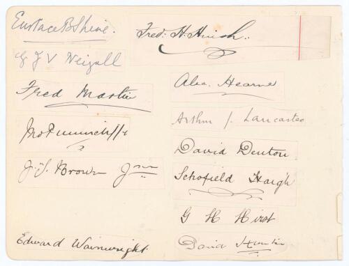 Kent and Yorkshire c.1900. Twenty two excellent signatures in ink, comprising thirteen of Kent players, seven of Yorkshire, and two others, each individually signed in ink to piece, all lightly laid to both sides of a large album page. Kent signatures are