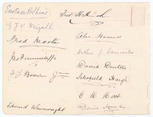 Kent and Yorkshire c.1900. Twenty two excellent signatures in ink, comprising thirteen of Kent players, seven of Yorkshire, and two others, each individually signed in ink to piece, all lightly laid to both sides of a large album page. Kent signatures are