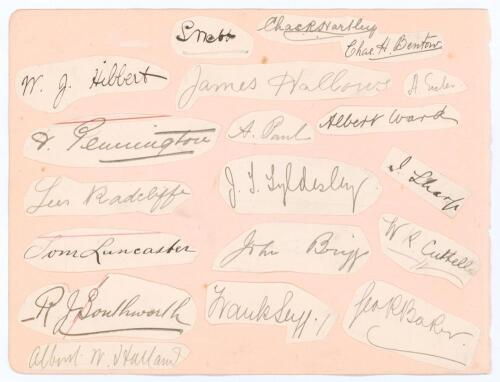 Lancashire C.C.C. c.1900. Large album page comprising a total of thirty very nice individual signatures in ink on pieces lightly laid down to both sides. Twenty seven signatures are of Lancashire players of the period. Signatures are William J. Hibbert, L