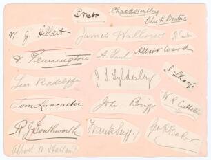 Lancashire C.C.C. c.1900. Large album page comprising a total of thirty very nice individual signatures in ink on pieces lightly laid down to both sides. Twenty seven signatures are of Lancashire players of the period. Signatures are William J. Hibbert, L