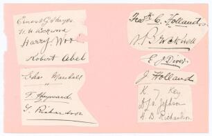 Surrey C.C.C. c.1900. Large album page comprising fourteen excellent signatures in ink of Surrey players (one exception) of the period on six pieces lightly laid down to one side. Signatures are E.G. &lsquo;Ernie&rsquo; Hayes, William H. &lsquo;Bill&rsquo; Lockwood, Henry &lsquo;Harry