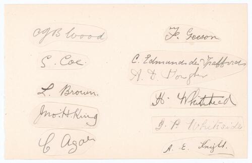 Leicestershire C.C.C. c.1900. Large album page comprising eleven excellent individual signatures in ink of Leicestershire players of the period on pieces lightly laid down to one side. Signatures are Cecil J.B. Wood, Samuel Coe, Lewis Brown, John H. King,