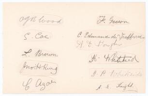 Leicestershire C.C.C. c.1900. Large album page comprising eleven excellent individual signatures in ink of Leicestershire players of the period on pieces lightly laid down to one side. Signatures are Cecil J.B. Wood, Samuel Coe, Lewis Brown, John H. King,