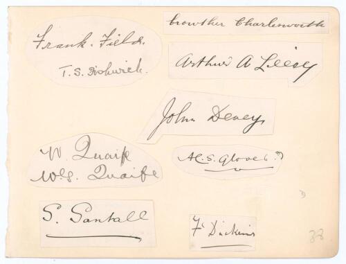 Warwickshire C.C.C. c.1900. Large album page comprising ten beautiful signatures in ink of Warwickshire players of the period on eight pieces lightly laid down to one side. Signatures are Frank E. Field, Tom S. Fishwick, Walter Quaife, William G. &lsquo;Willie&rsquo;