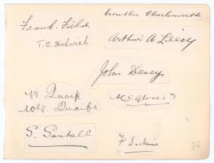 Warwickshire C.C.C. c.1900. Large album page comprising ten beautiful signatures in ink of Warwickshire players of the period on eight pieces lightly laid down to one side. Signatures are Frank E. Field, Tom S. Fishwick, Walter Quaife, William G. &lsquo;Willie&rsquo;