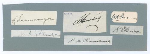 Australian Test players. Selection of six ink signatures of Australian Test cricketers all on paper pieces and laid down to a grey/blue card. Signatures are Herbert Ironmonger, Queensland, Victoria & Australia 1909-1936, William Arras Johnston, Victoria &