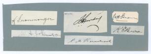 Australian Test players. Selection of six ink signatures of Australian Test cricketers all on paper pieces and laid down to a grey/blue card. Signatures are Herbert Ironmonger, Queensland, Victoria & Australia 1909-1936, William Arras Johnston, Victoria &