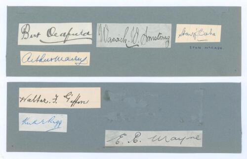 Australian Test players. Selection of seven ink signatures of Australian Test cricketers all on paper pieces and laid down to a grey/blue card, back to back,four to one side and three to the other. Signatures are William Albert Stanley Oldfield. New South