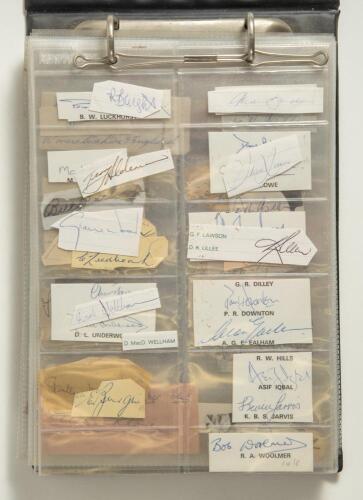 International Test and County signatures 1920s-1980s. File containing over three hundred signatures, mainly of cricketers with the odd footballer, in ink and pencil, the majority on individual pieces, with the odd small multi-signed album page. Signatures